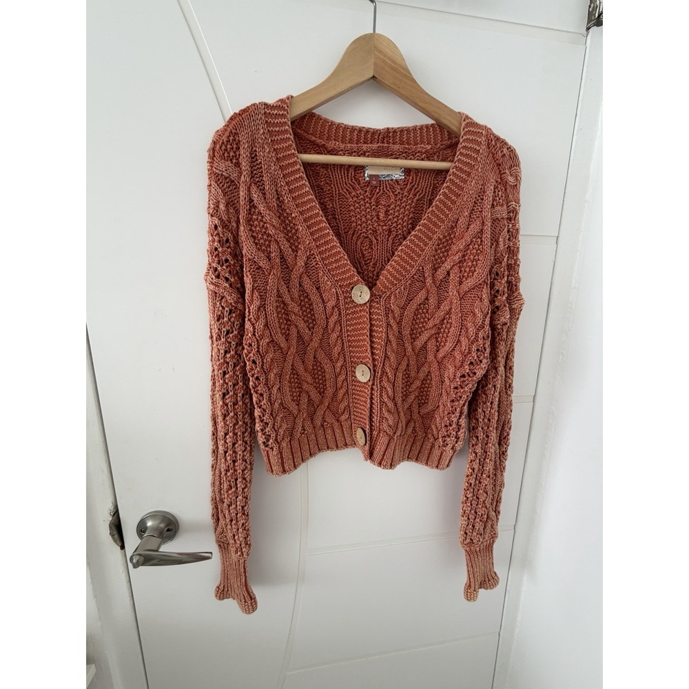 Anthropologie Pilcro Cropped Cardigan Women Size S Cable Knit Sweater Brown
